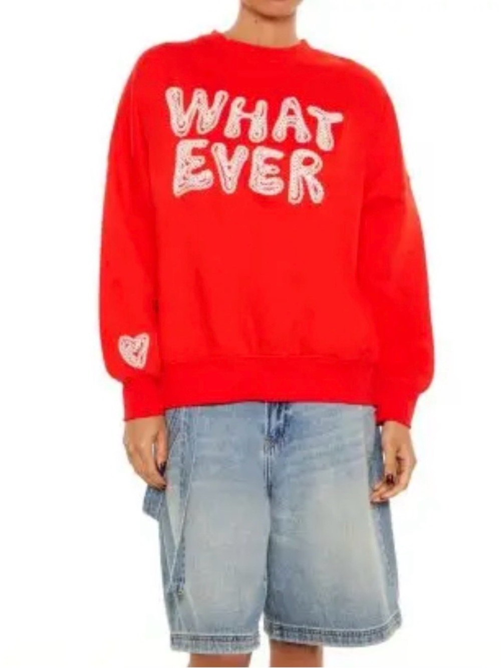 Forever 21 Red 'WHAT EVER' Graphic Crewneck Athletic Long Sleeve Top Medium
